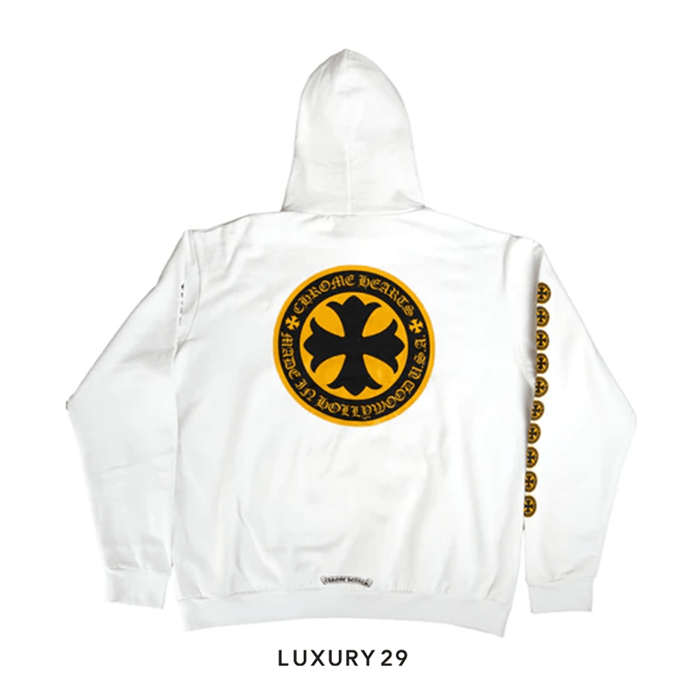 Chrome Hearts Hollywood Yellow Plus Cross Hoodie White(XL, White)