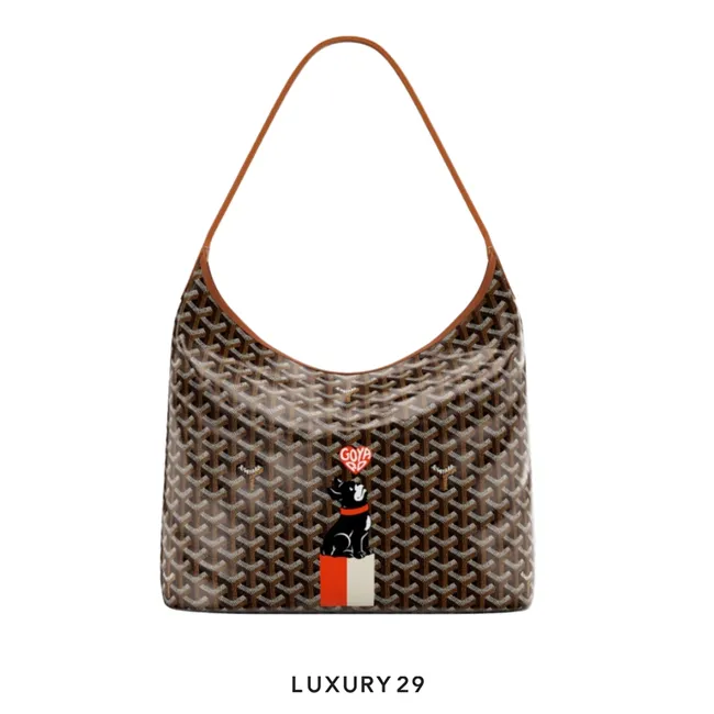 Goyard Boheme Hobo Bag Black & Tan Hand-Paint Dog with Heart Orange