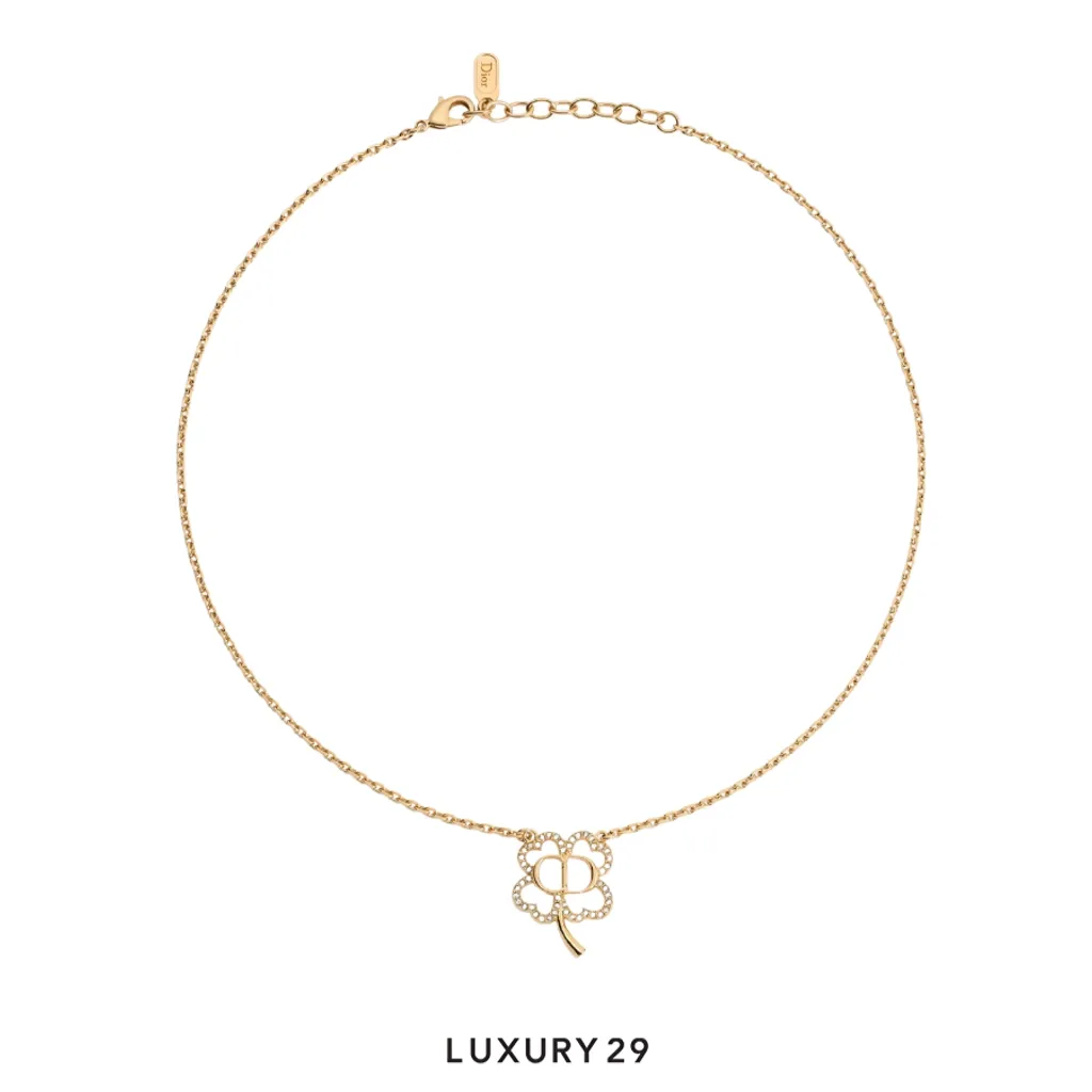Dior CD Shiny Clover Necklace Gold-Finish Metal and Crystals(Free Size, Gold)