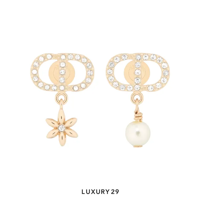 Dior Petit CD Daisy Earrings Pale gold-tone metal, white resin pearl, silver-tone crystal