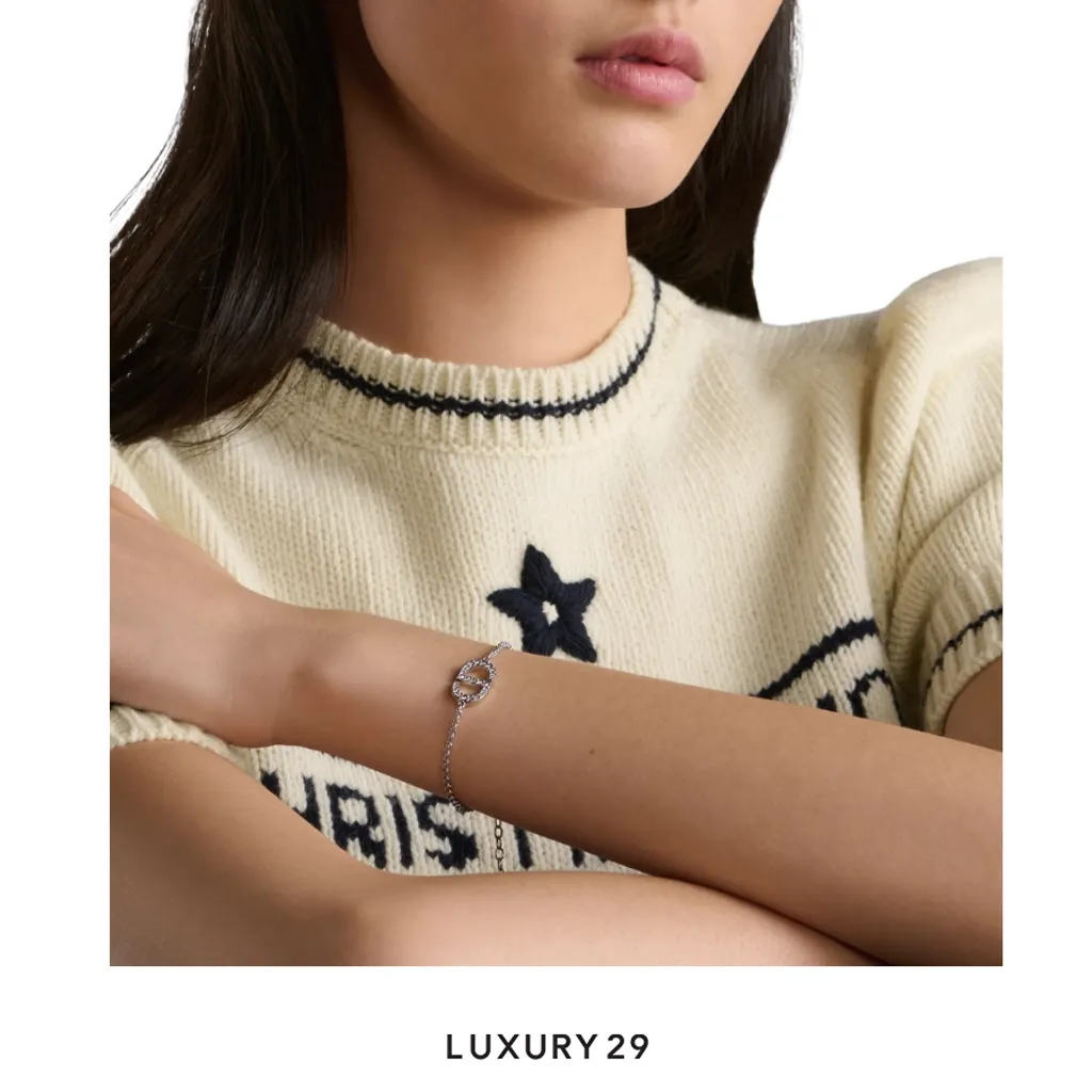 Dior Petit CD Bracelet Silver-Finish Metal and White Crystals(Free Size, Silver)