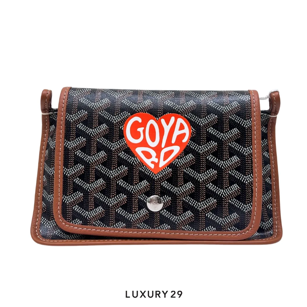 Goyard Plumet Pocket Wallet Black & Tan Hand-Painted Heart Orange(Small, Brown)