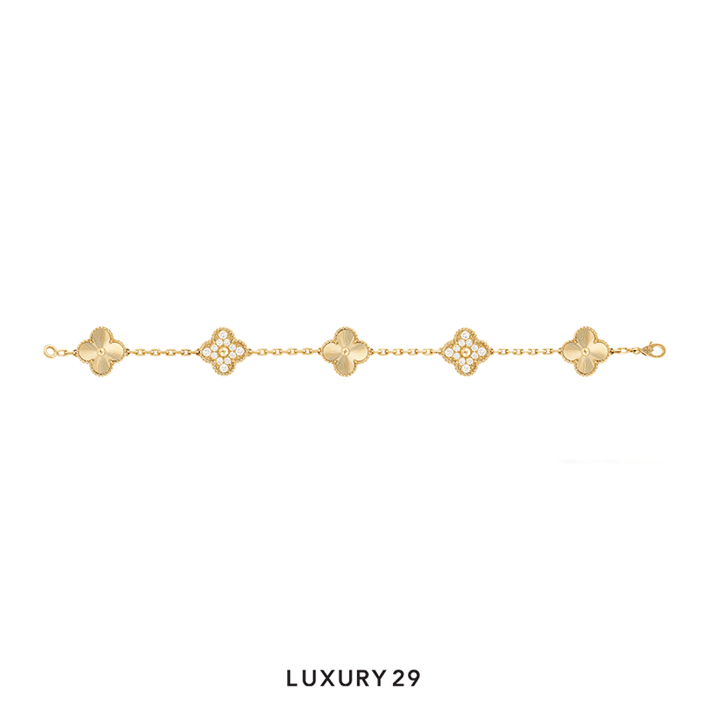 Van Cleef & Arpels Vintage Alhambra bracelet, 5 motifs 18K yellow gold, Diamond(Free Size, Gold)