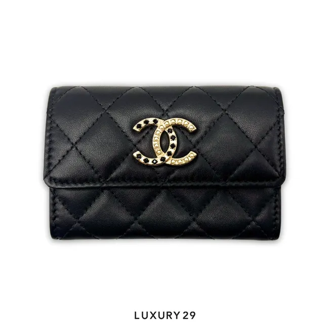 Chanel Lambskin Pearl Enamel Quilted Flap Card Holder Black
