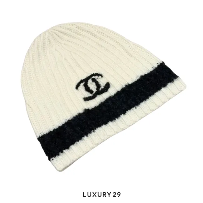 CHANEL cashmere knit hat White/Black