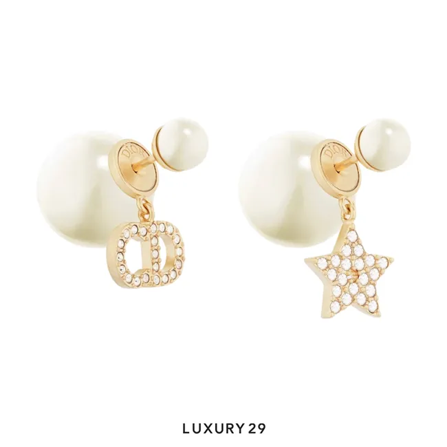 Dior Tribales Earrings Gold-Finish Metal with White Resin Pearls and Silver-Tone Crystals