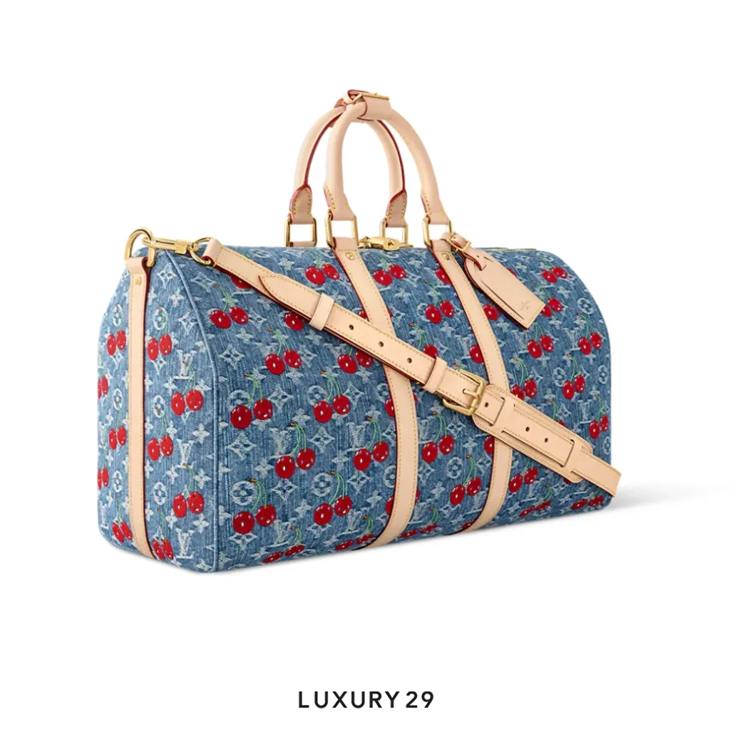 Louis Vuitton LV x TM - Keepall Bandouliere 45 Bag Monogram cherry denim Blue(Large, Blue)