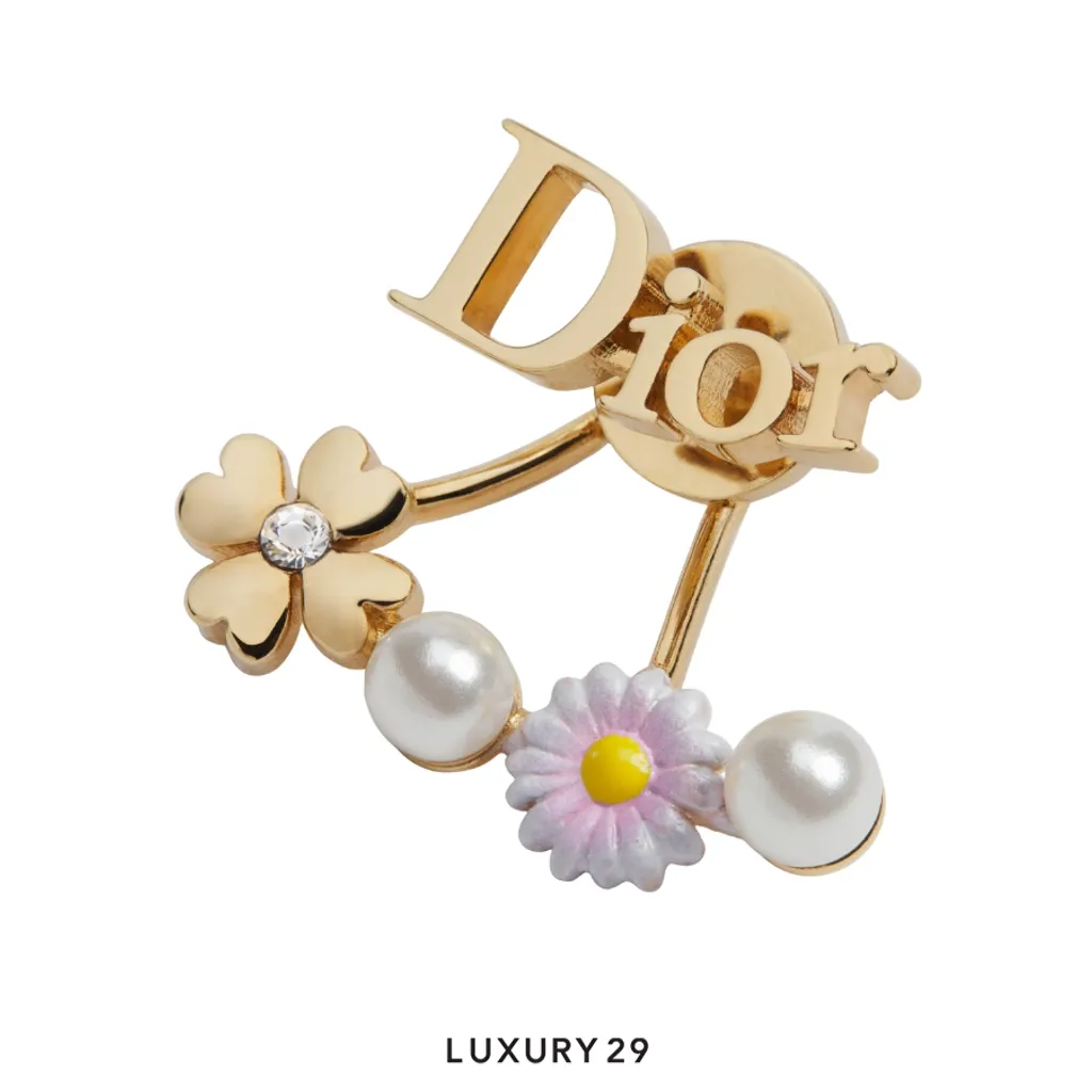 Dior Mini Daisy Earrings Gold-Finish Metal, White Resin Pearls, Crystals and Multicolor Lacquer(Free Size, Gold)
