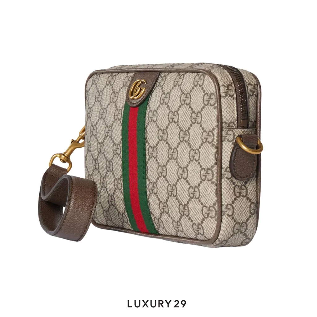 Gucci Ophidia small crossbody bag Beige and dark brown GG Monogram coated fabric(Small, Brown)