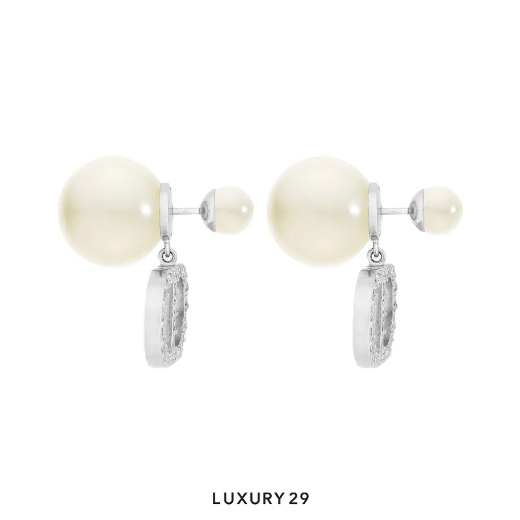 Dior Tribales Earrings Silver-Finish Metal with White Resin Pearls and Silver-Tone Crystals(Free Size, Silver)