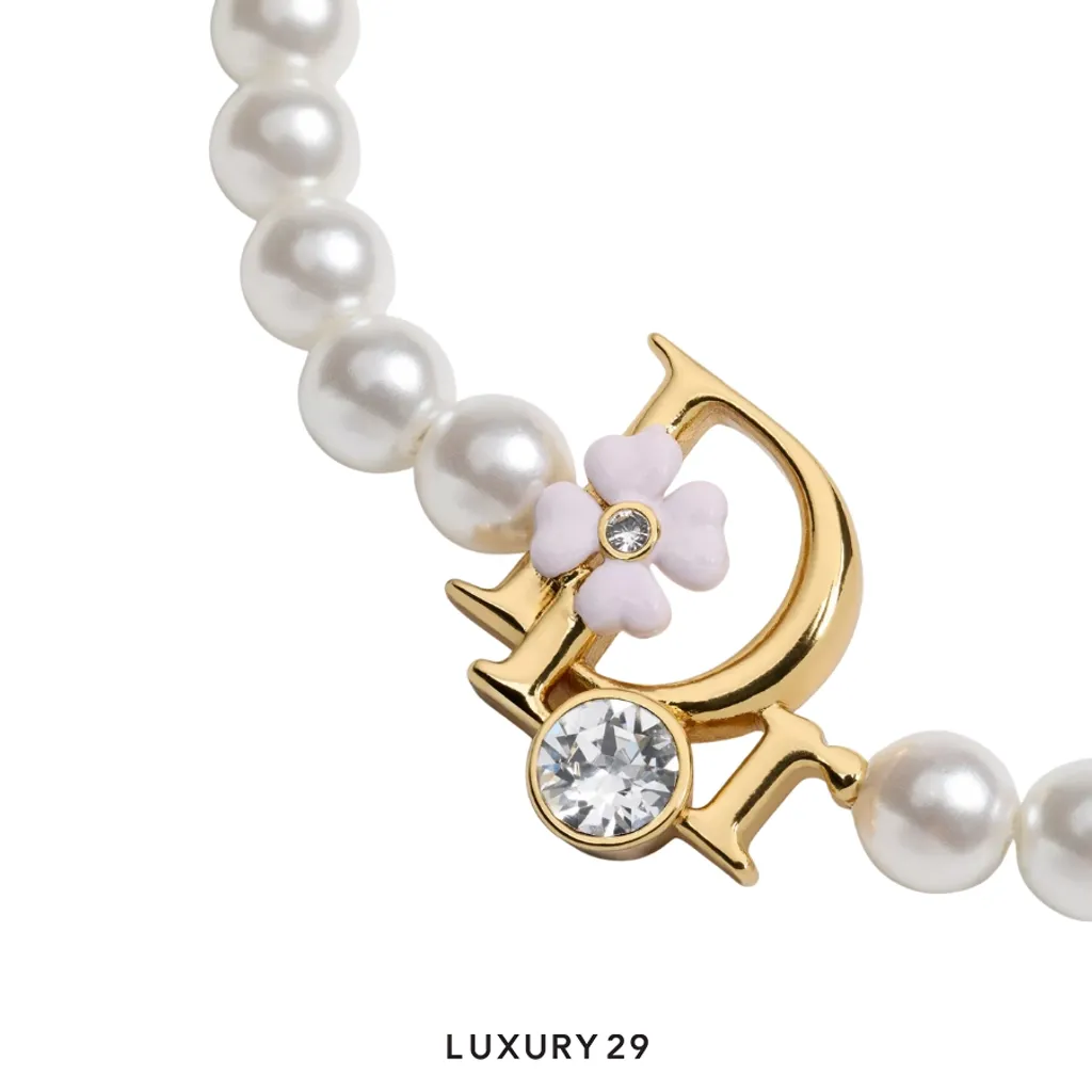 Dior Precious Clover Necklace Gold-Finish Metal, White Resin Pearls, Crystals and Pink Lacquer(Free Size, Neutrals)