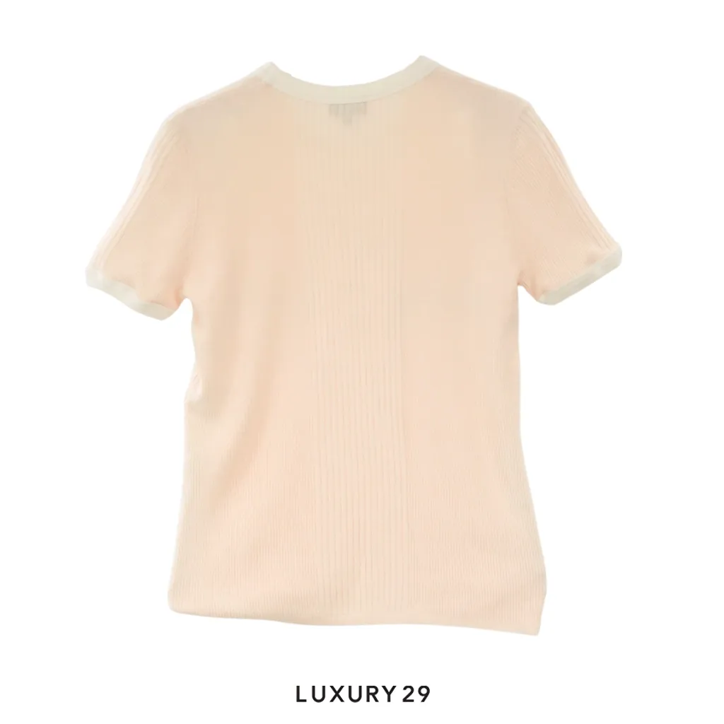 Chanel short-sleeved ribbed knit top in a light peach or cream color(XL, Neutrals)