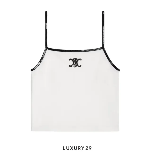 Celine Embroidered Triomphe Tank Top In Cotton Jersey Off White Black