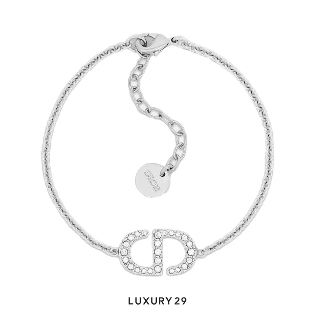 Dior Petit CD Bracelet Silver-Finish Metal and White Crystals(Free Size, Silver)