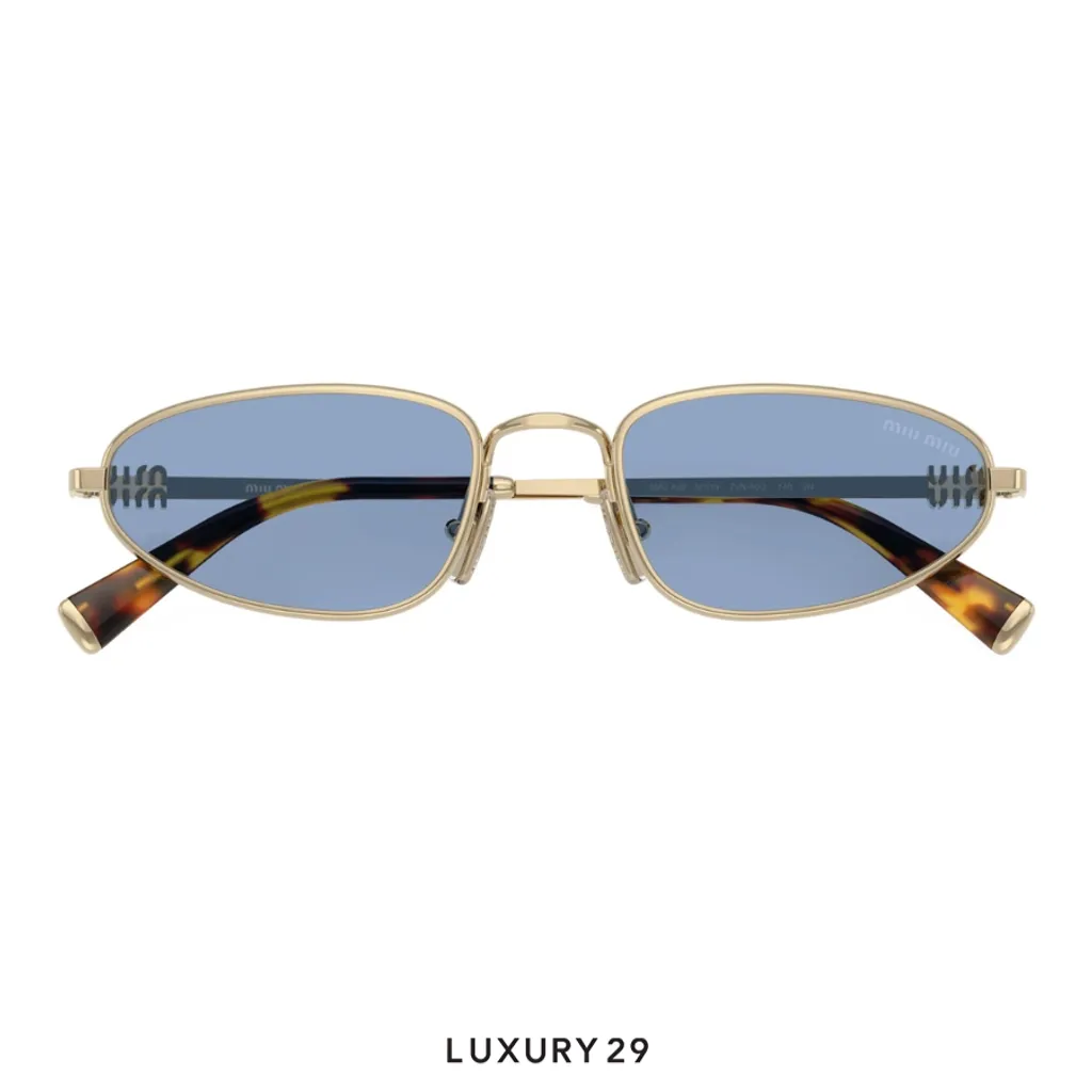 Miu Miu Pale Gold Geometric Sunglasses Blue Lenses(Free Size, Gold)