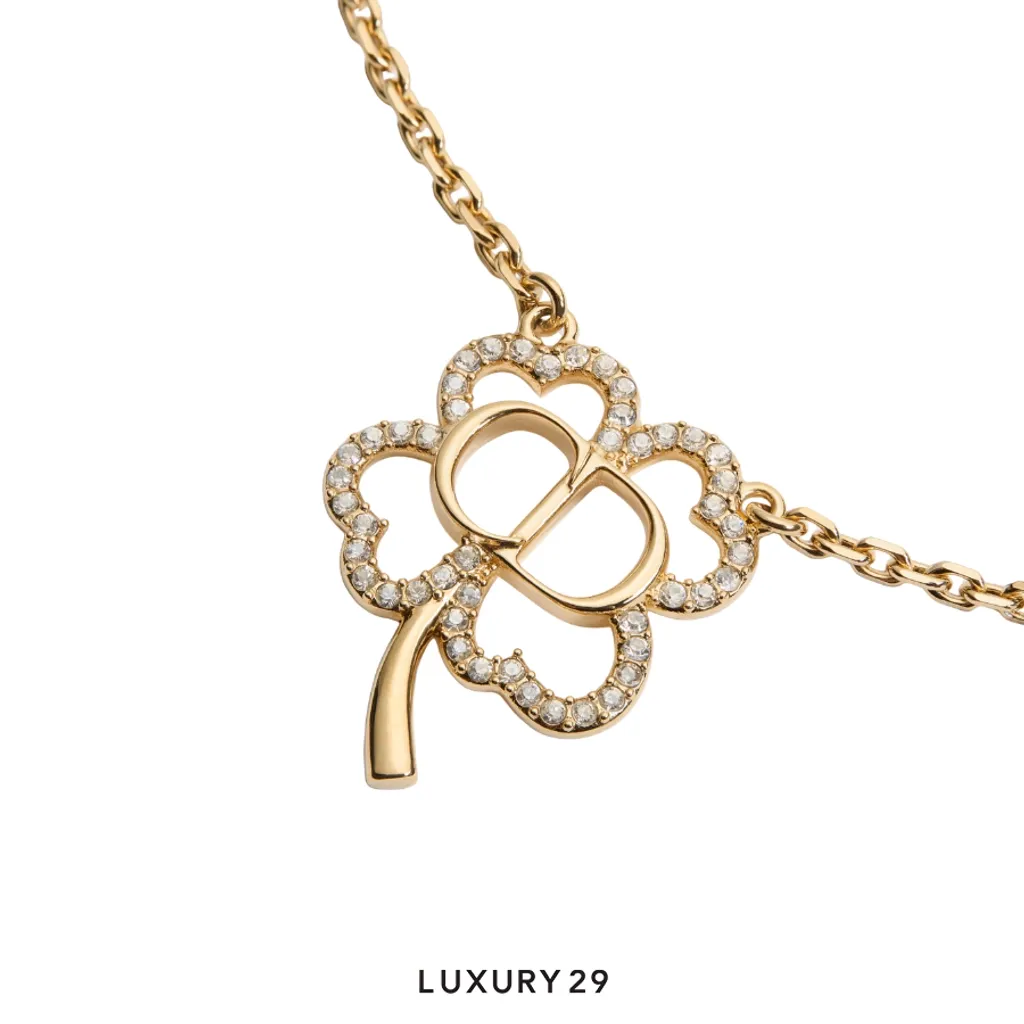 Dior CD Shiny Clover Necklace Gold-Finish Metal and Crystals(Free Size, Gold)