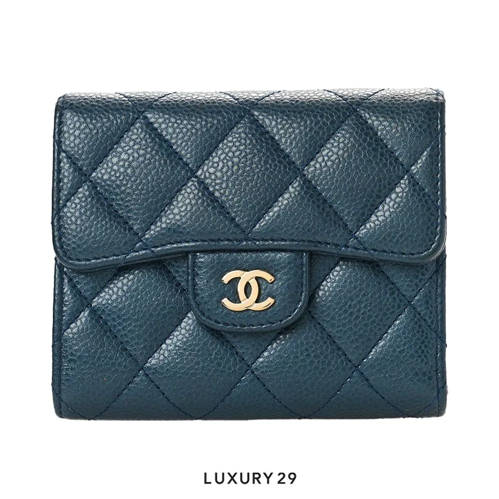 Chanel Classic Short Flap Wallet Navy Caviar Gold Hardware(Small, Blue)