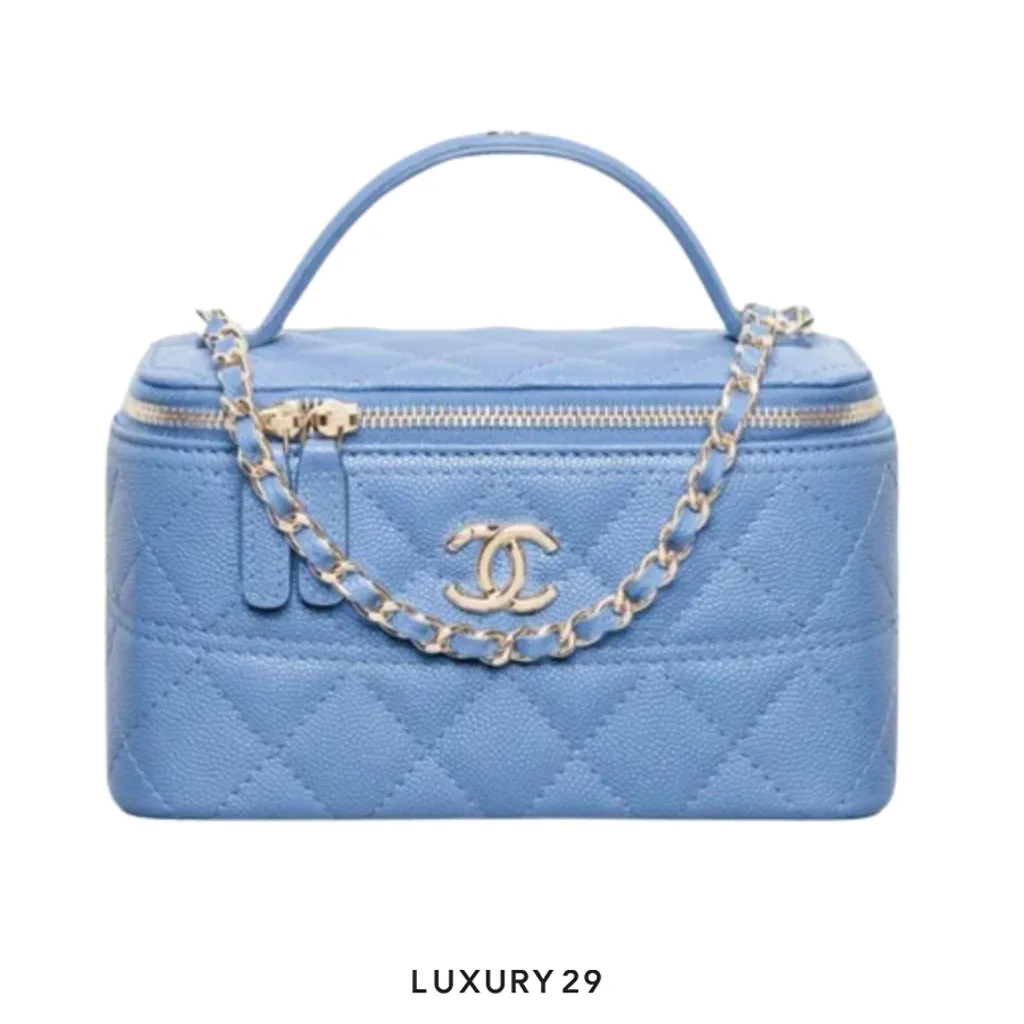 Chanel Vanity Case With Chain In Lambskin With Gold-Tone Metal Blue(Mini, Blue)