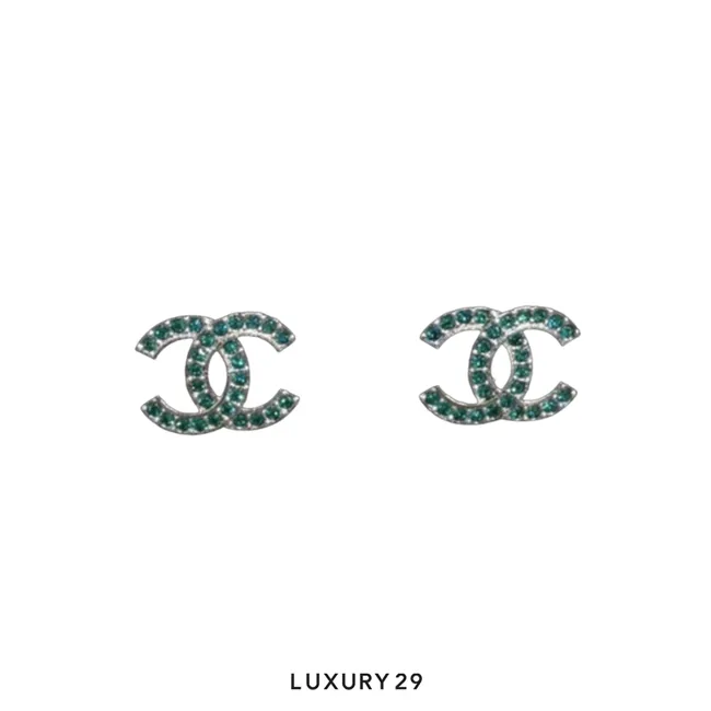 Chanel CC Logo Green Crystal Silver