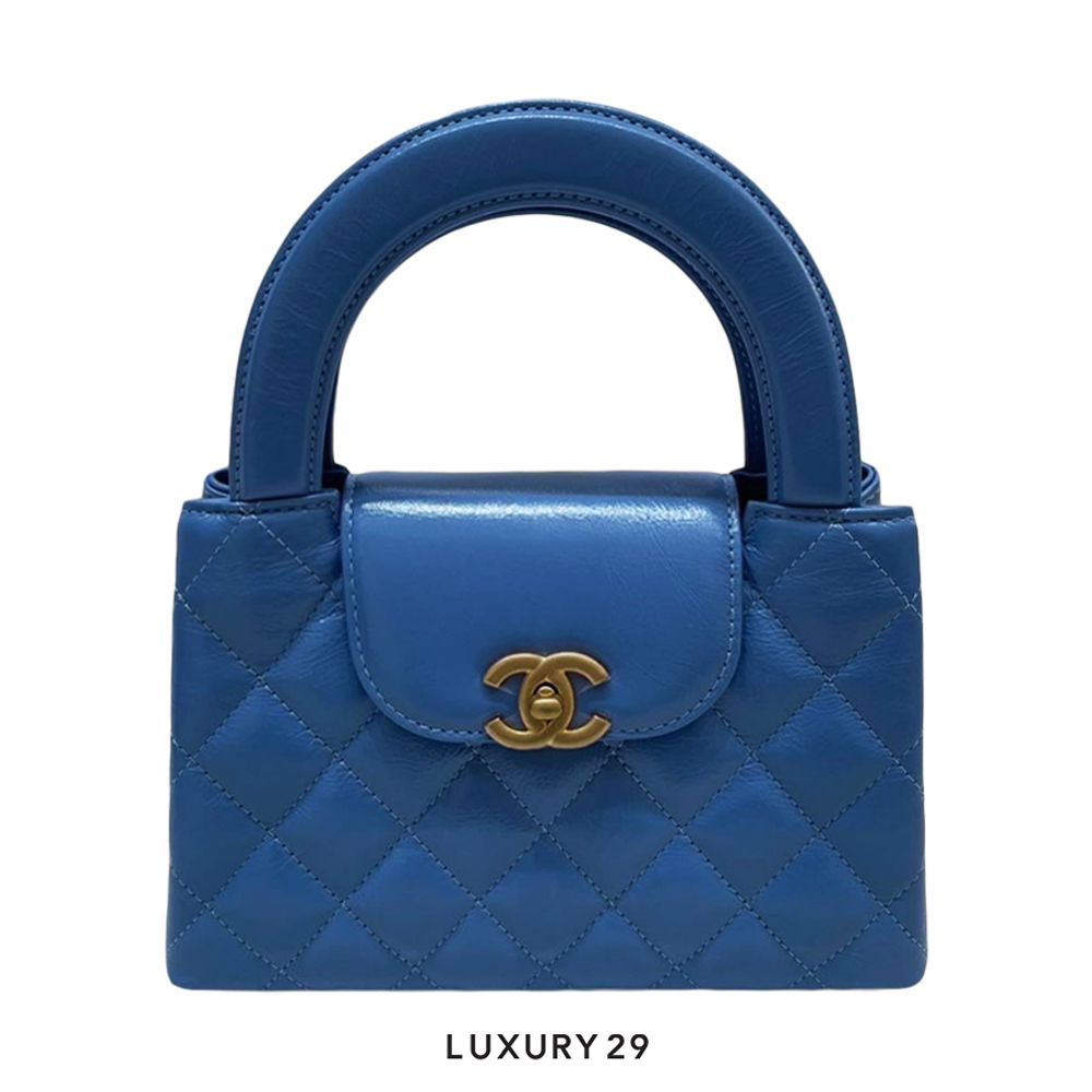 Chanel Mini Shopping Bag In Shiny Aged Calfskin With Gold-Tone Blue(Mini, Blue)