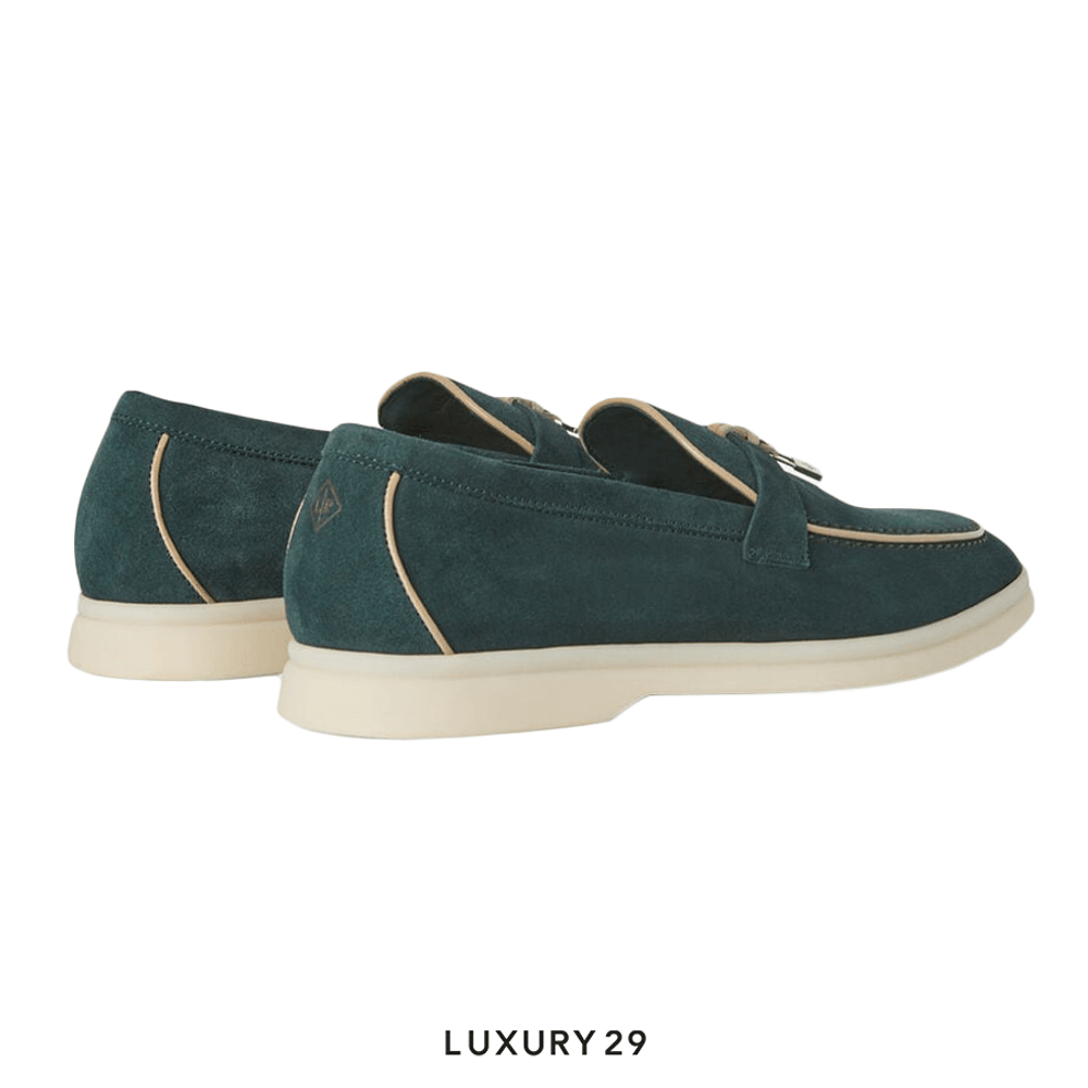 Loro Piana Summer Charms Walk Loafers Suede Goatskin Emerald Noire(36.5, Green)