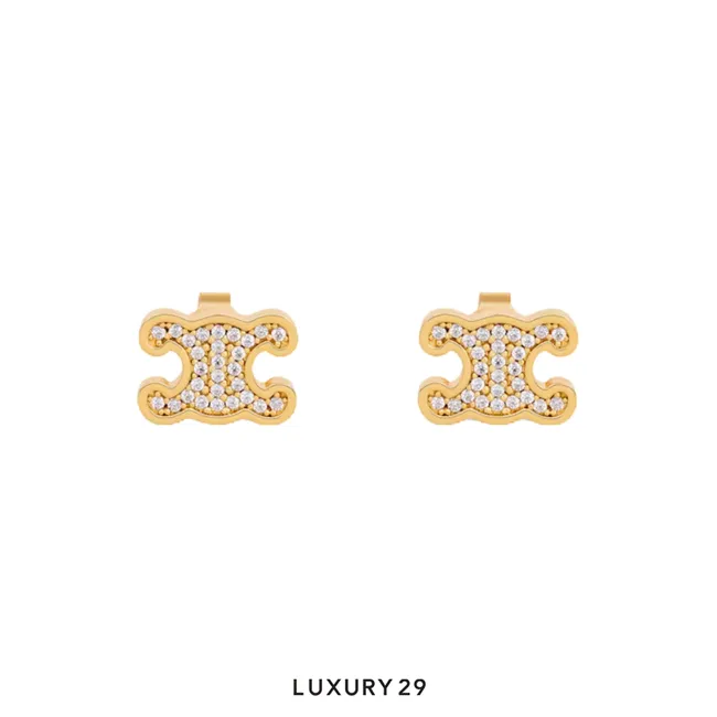 Celine Rhinestone triangular stud earrings Gold