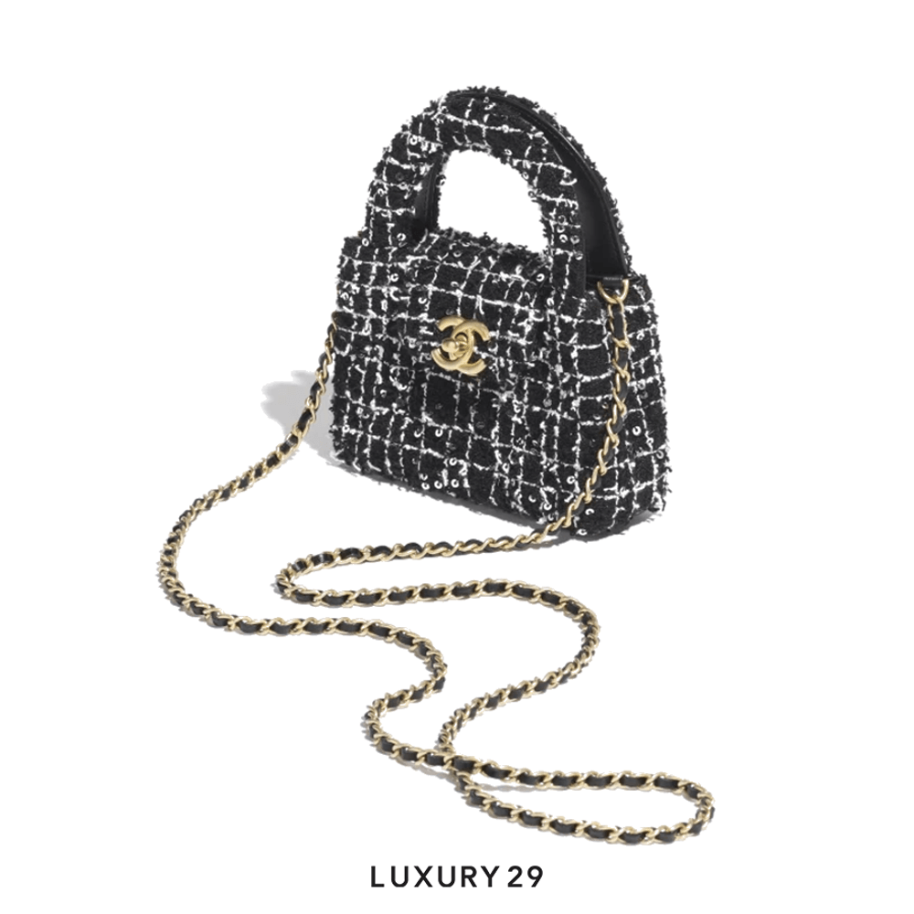 Chanel Micro Shopping bag Embroidered Tweed Black&White Gold Hardware(Mini, Black)