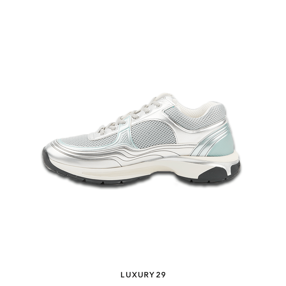 Chanel Trainers Fabric & Laminated Light Gray & Silvered(44, Grey)