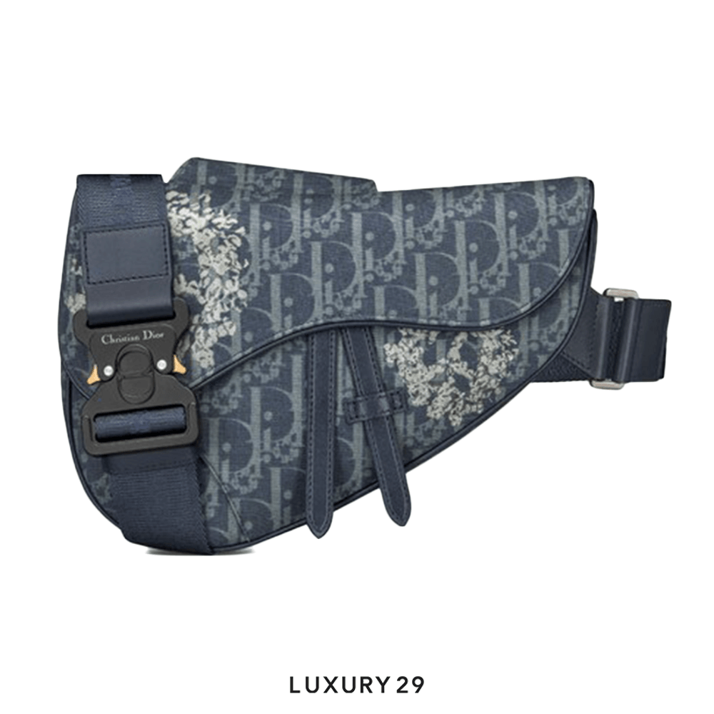 Dior TEARS Saddle Bag Blue Dior Oblique and Peace Sign Dior Tears Denim(Small, Blue)