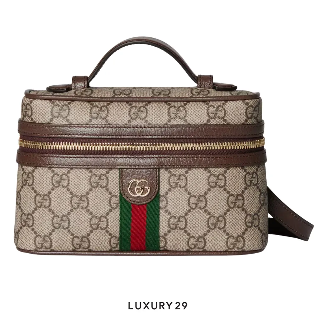Gucci Ophidia small vanity bag Beige and dark brown GG Monogram coated fabric Brown(Small, Brown)