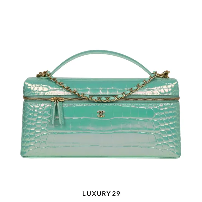 Chanel Vanity bag with chain strap crocodile pattern calfskin & gold metallic Turquoise blue