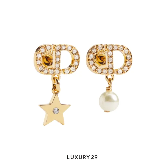 Dior Petit CD Lucky Charms Earrings Gold-Finish Metal with a White Resin Pearl and Silver-Tone Crystals