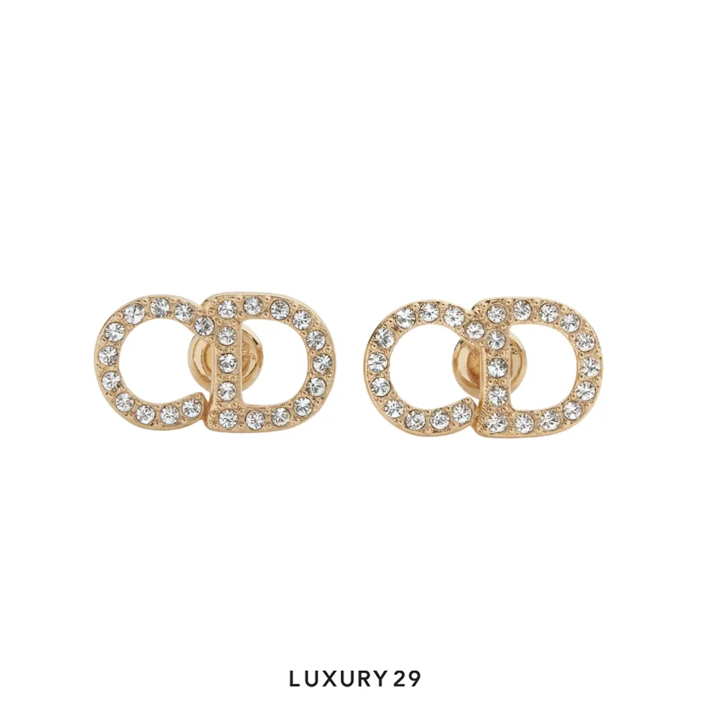 Dior CD Signature Stud Earrings Gold-Finish Metal and Crystals(Free Size, Gold)