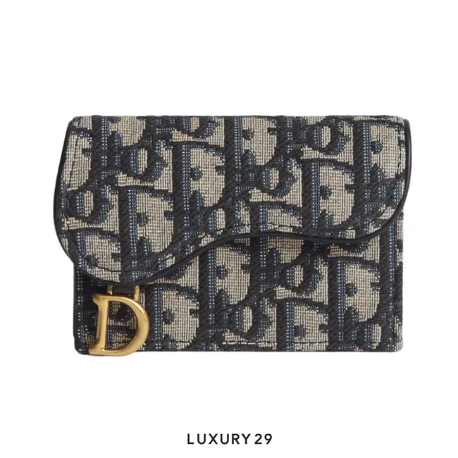 Dior Saddle Bloom Card Holder Oblique patterned jacquard fabric in blue