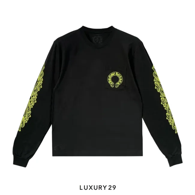 Chrome Hearts Neon Yellow Horseshoe Pocket  Long Sleeve T-Shirt Black