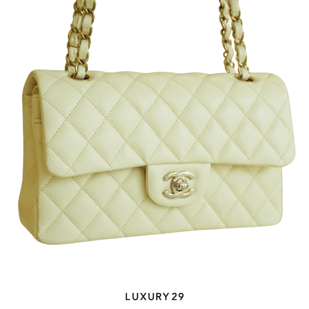 Chanel Small Classic Double Flap Bag Light Green Lambskin Light Gold Hardware(Small, Green)