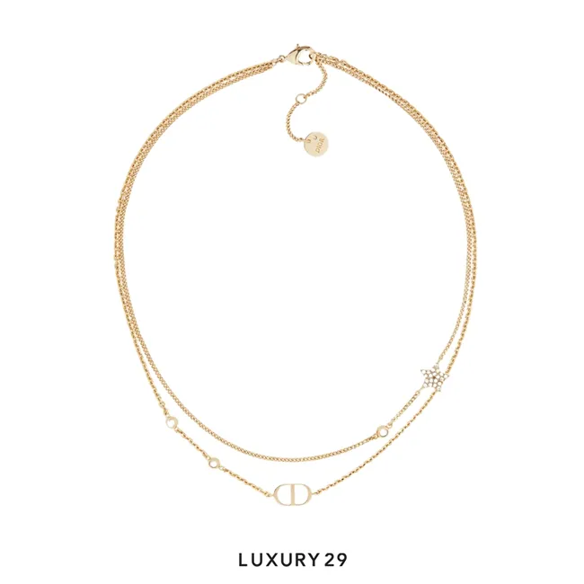 Dior Petit CD Double Necklace Gold-Finish Metal and White Crystals