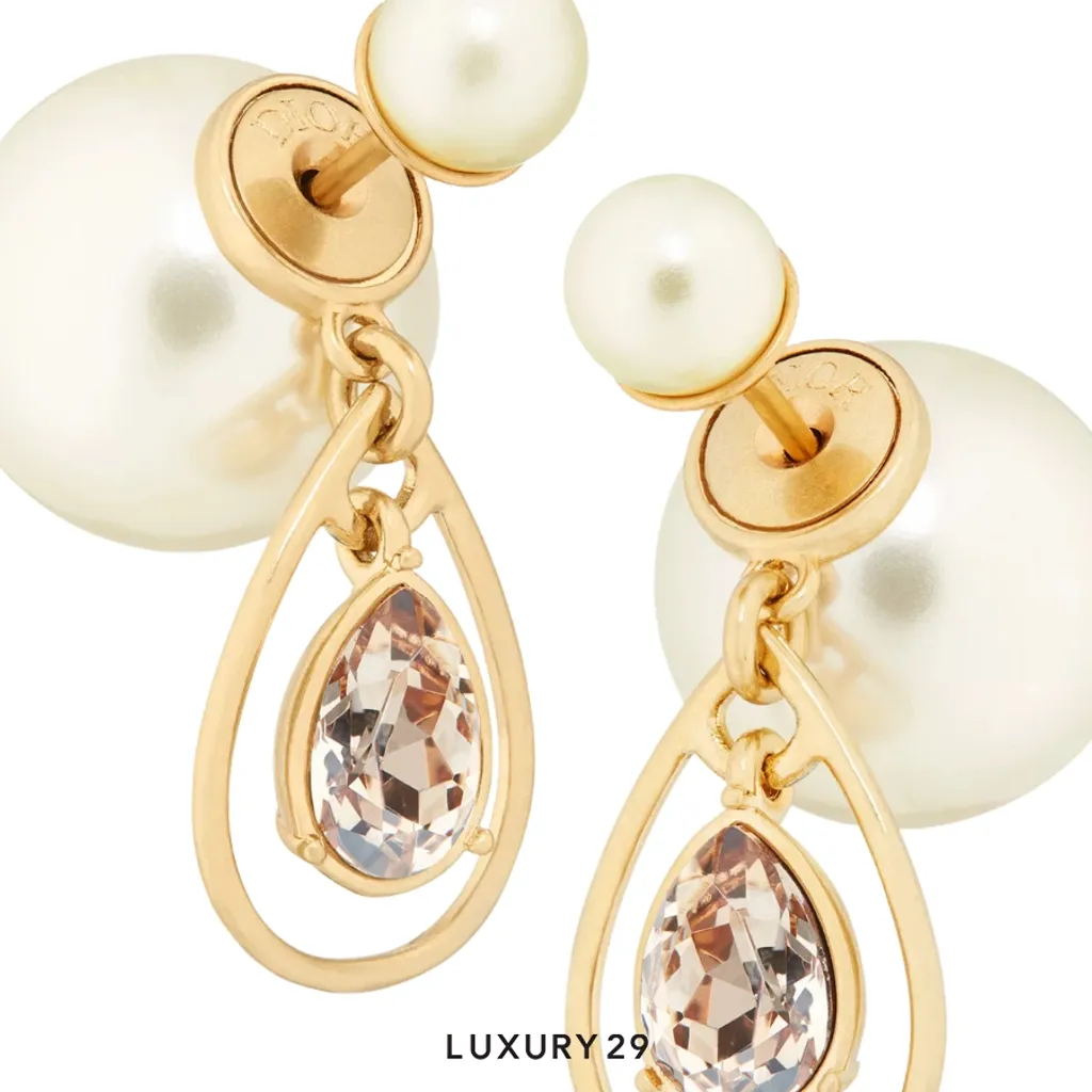 Dior Tribales Earrings Gold-Finish Metal with White Resin Pearls and Champagne Crystals(Free Size, White)