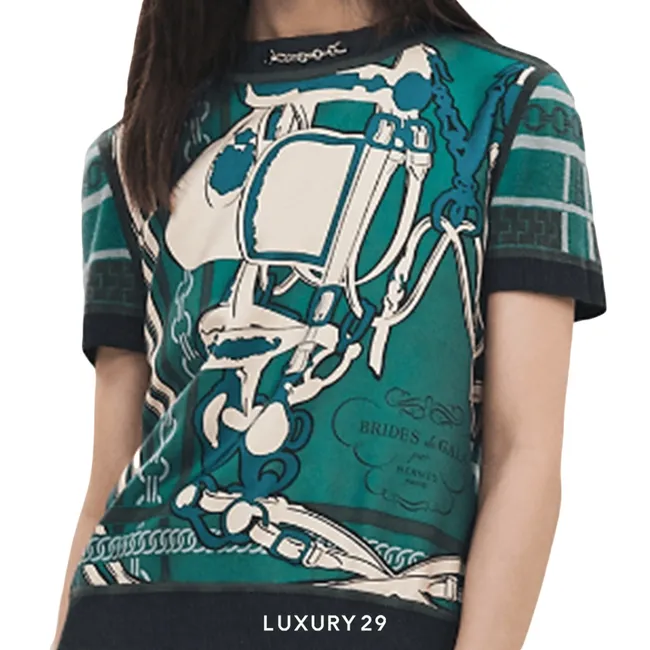 Hermes "Brides de Gala et Chaines" short-sleeve twillaine sweater Vert Oxford