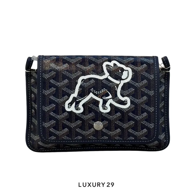 Goyard Plumet Pocket Wallet Navy Blue Hand-Painted Hulot Sticker White