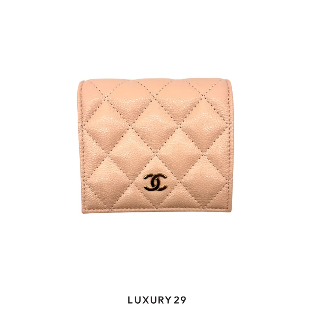 Chanel Classic Caviar Snapback Wallet Gold Plated(Small, Pink)