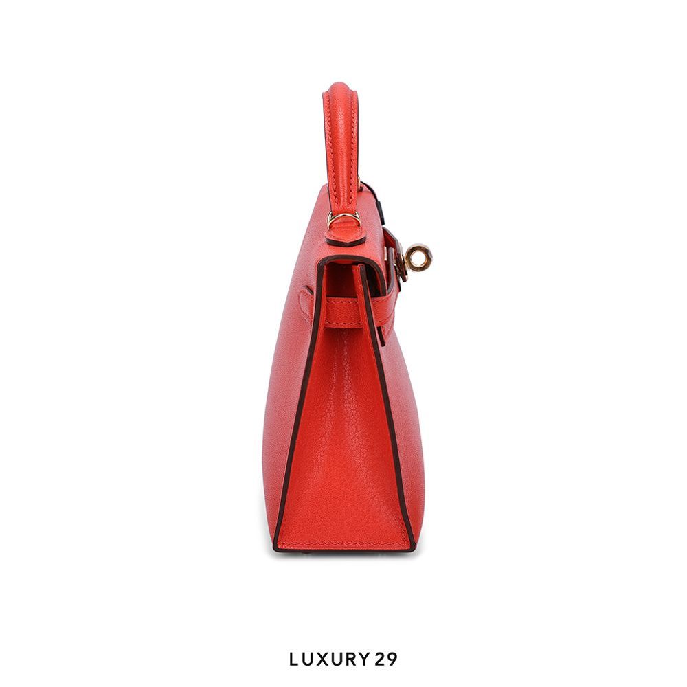 Hermes Kelly Sellier 20 Feu Chevre Gold hardware(Mini, Red)