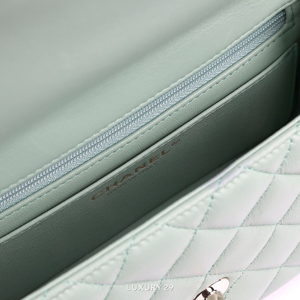 Chanel Mini Flap Bag Top Handle Lambskin Mint Green Champagne Hardware(Mini, Green)