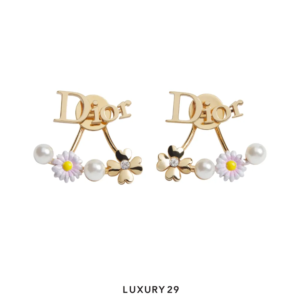 Dior Mini Daisy Earrings Gold-Finish Metal, White Resin Pearls, Crystals and Multicolor Lacquer(Free Size, Gold)