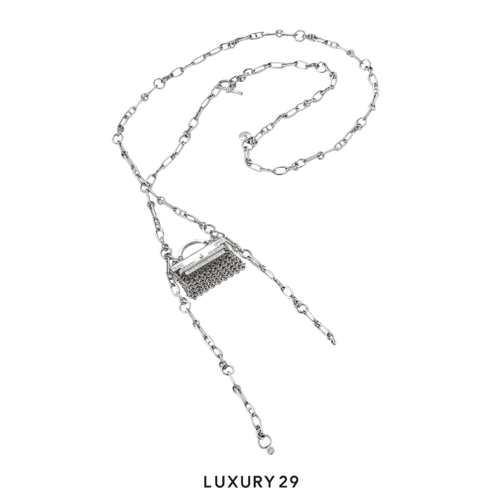 Hermes Limited Edition 18K White Gold and Diamond Precieux Kelly Necklace(Free Size, Silver)