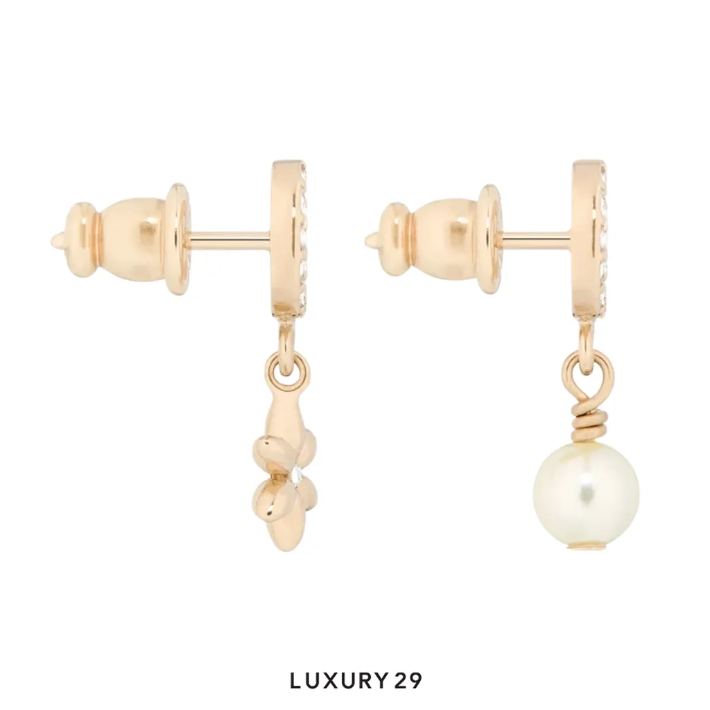 Dior Petit CD Daisy Earrings Pale gold-tone metal, white resin pearl, silver-tone crystal(Free Size, Gold)