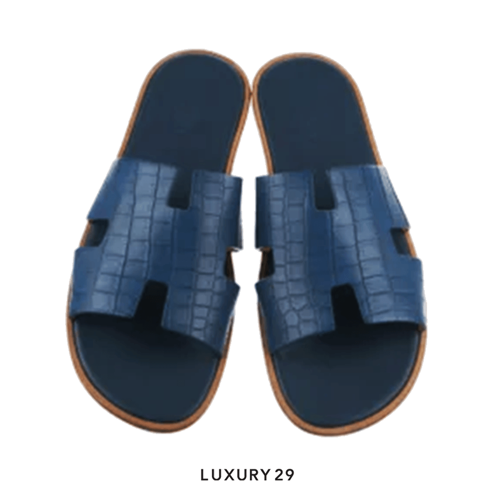Hermes Izmir Crocodile Slides Blue Crocodile(44, Blue)