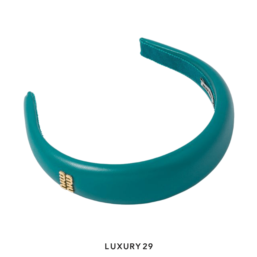 Miu Miu Nappa Leather Headband With Metal Lettering Logo Peacock Blue(Free Size, Blue)