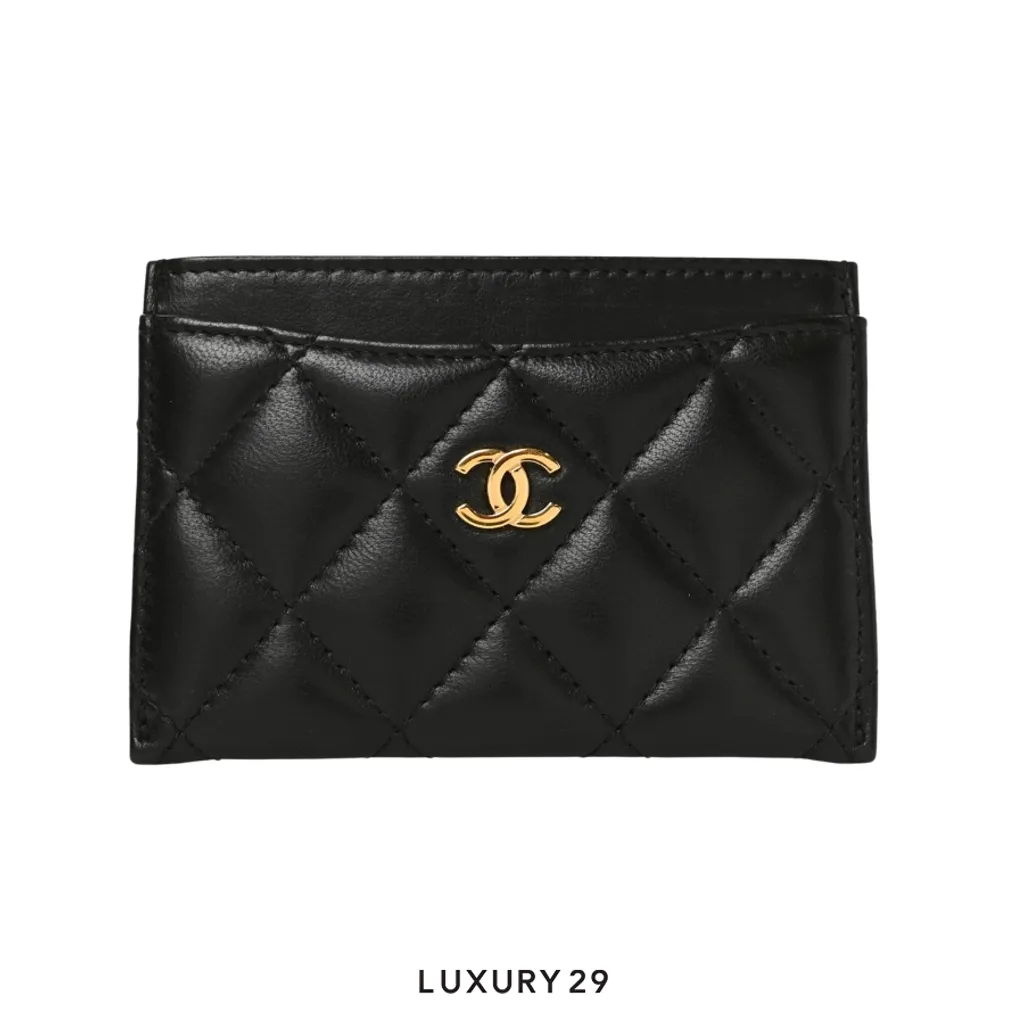 Chanel Lambskin Quilted Card Holder Black Gold Tone(Small, Black)
