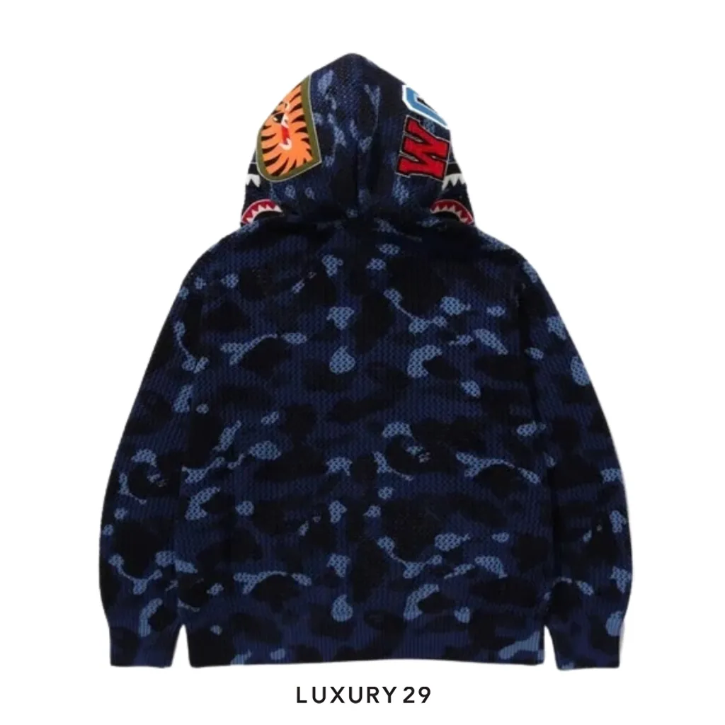 A Bathing Ape COLOR CAMO CROCHET RELAXED FIT SHARK FULL ZIP HOODIE Blue(2XL, Blue)